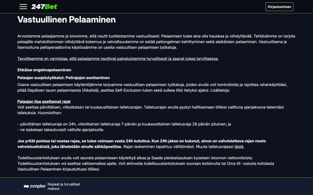247Bet vastuullisen pelaamisen työkalut