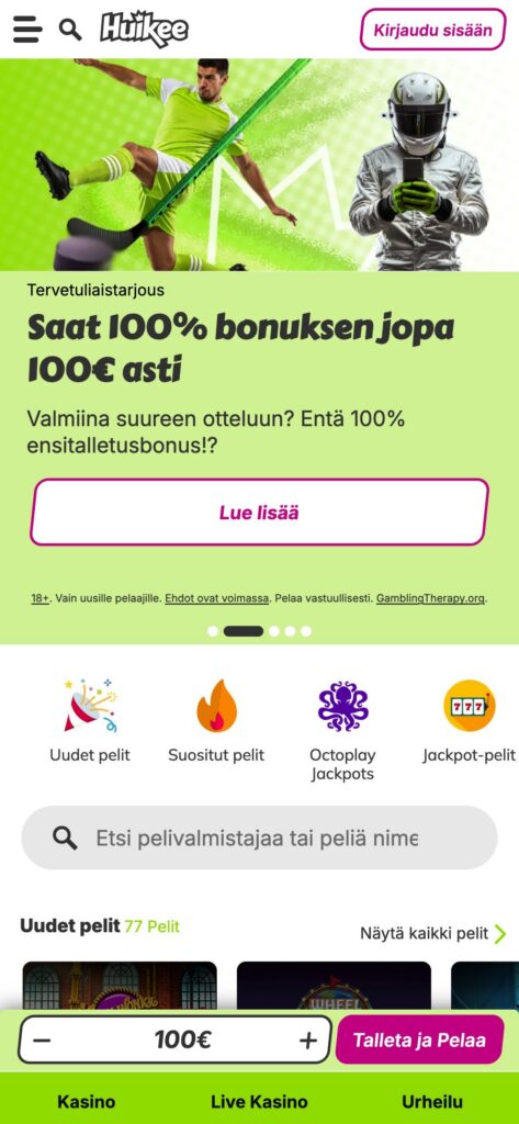 Huikee etusivu mobiilissa