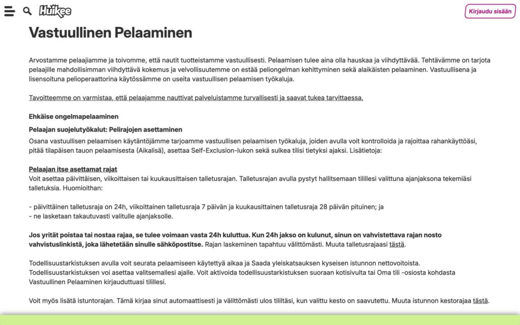 Huikee vastuullisen pelaamisen työkalut