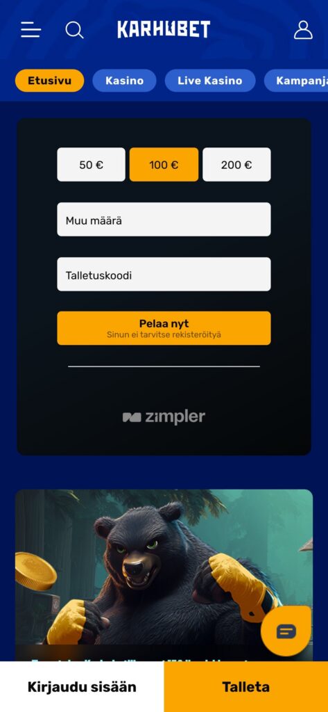 KarhuBet etusivu mobiilissa