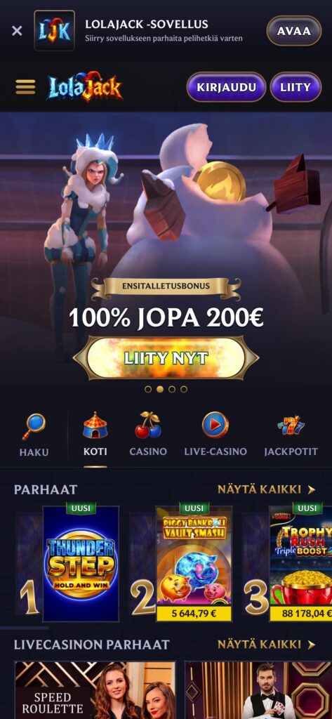 Lolajack etusivu mobiilissa