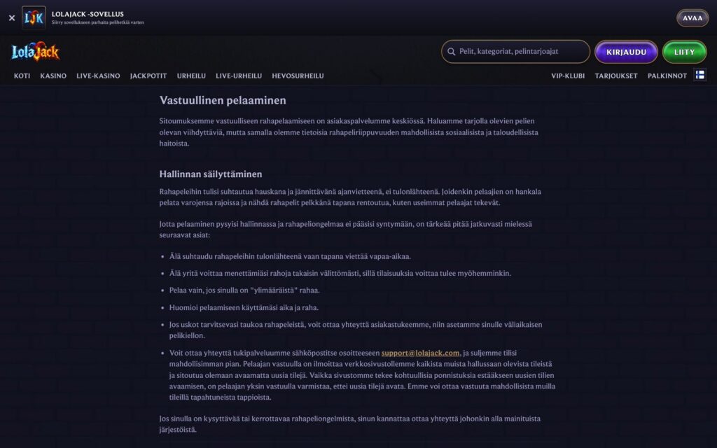 Lolajack vastuullisen pelaamisen työkalut