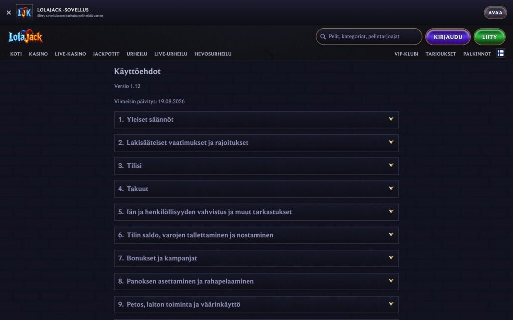 Lolajack lisenssi ja ehdot