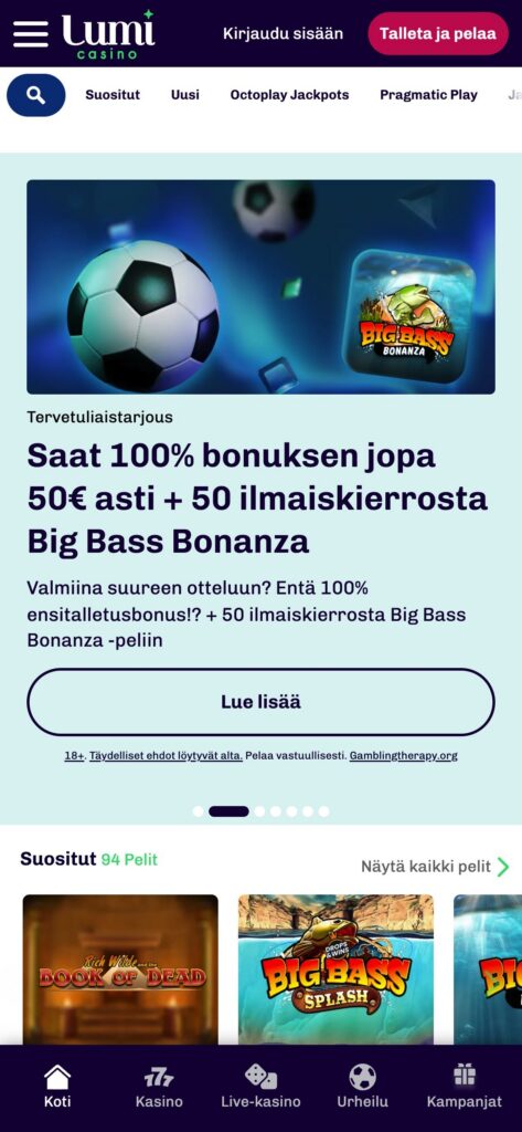 Lumi etusivu mobiilissa