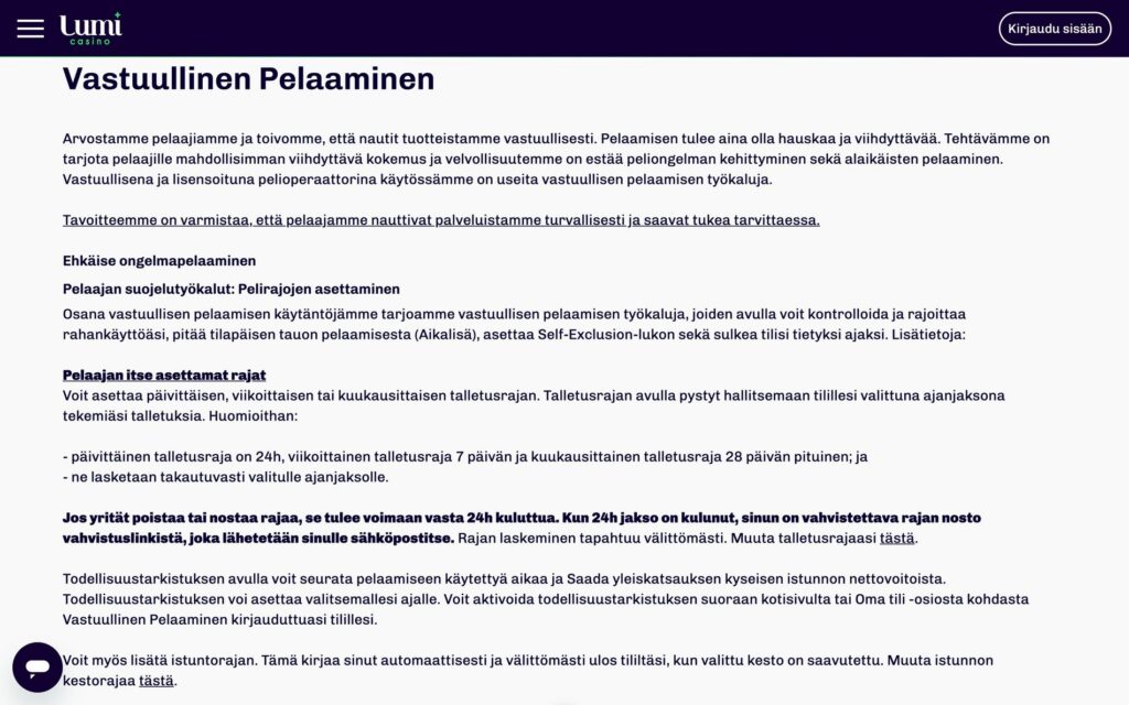 Lumi vastuullisen pelaamisen työkalut