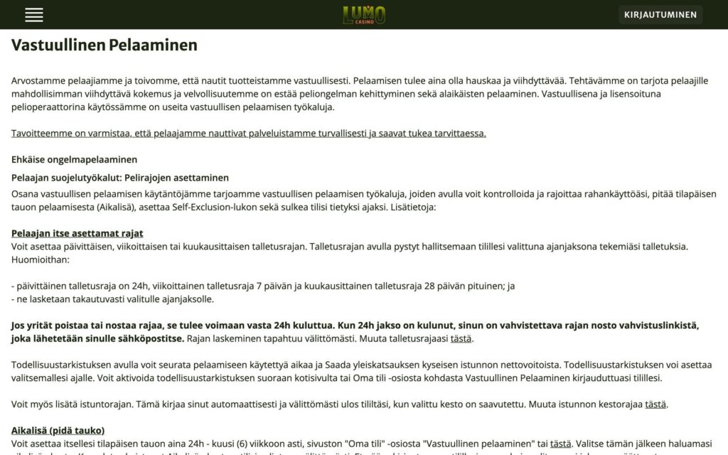 Lumo vastuullisen pelaamisen työkalut