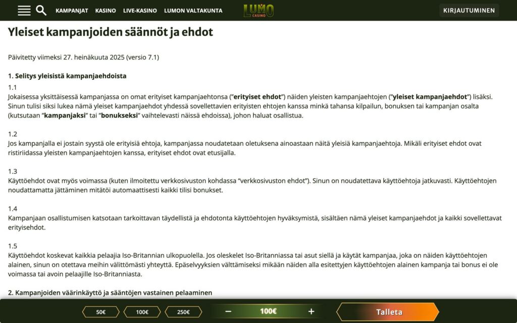 Lumo lisenssi ja ehdot