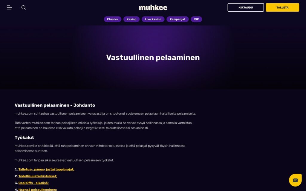 Muhkee vastuullisen pelaamisen työkalut