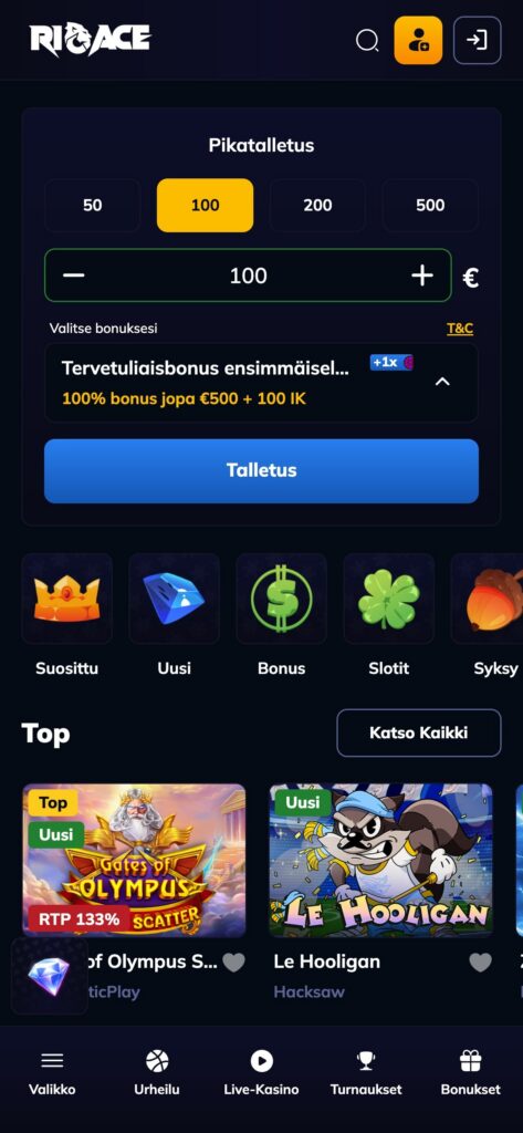 Rioace etusivu mobiilissa