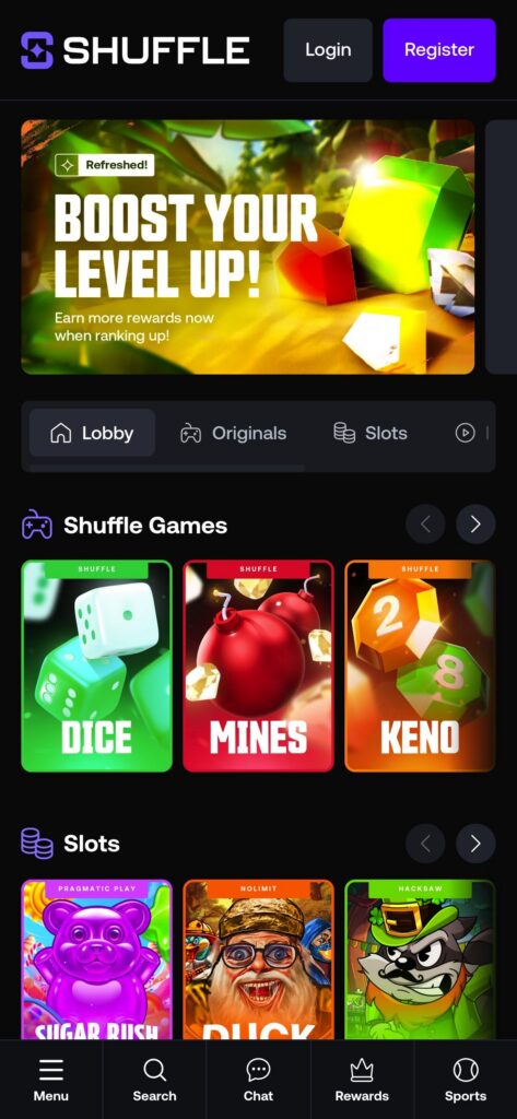 Screenshot of the mobile site at Shuffle