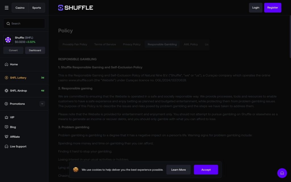 Screenshot of the deposit limit settings at Shuffle