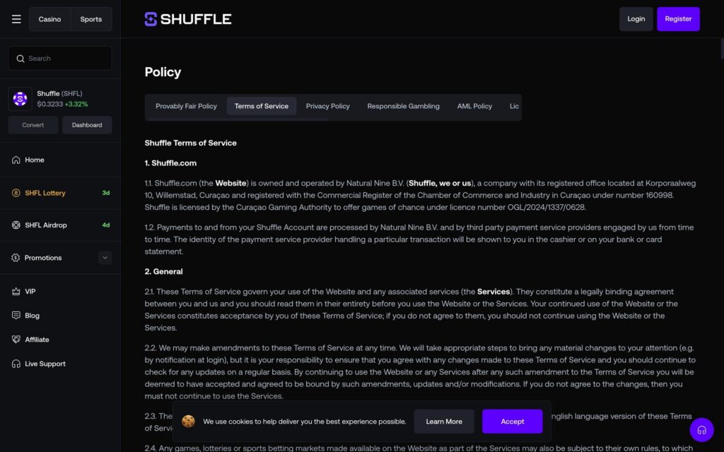 Screenshot of the licence details at Shuffle