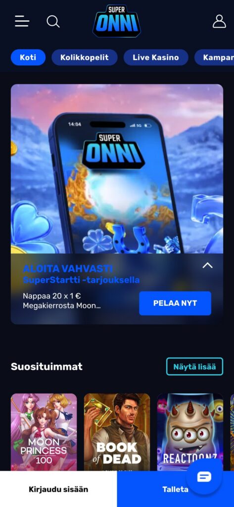 Superonni etusivu mobiilissa