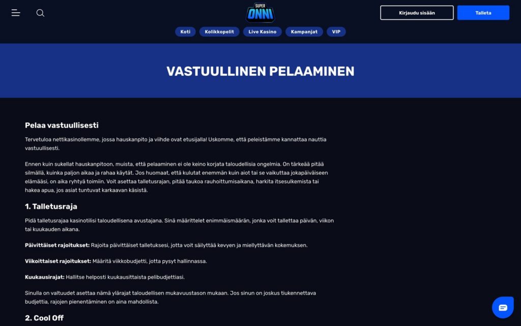 Superonni vastuullisen pelaamisen työkalut