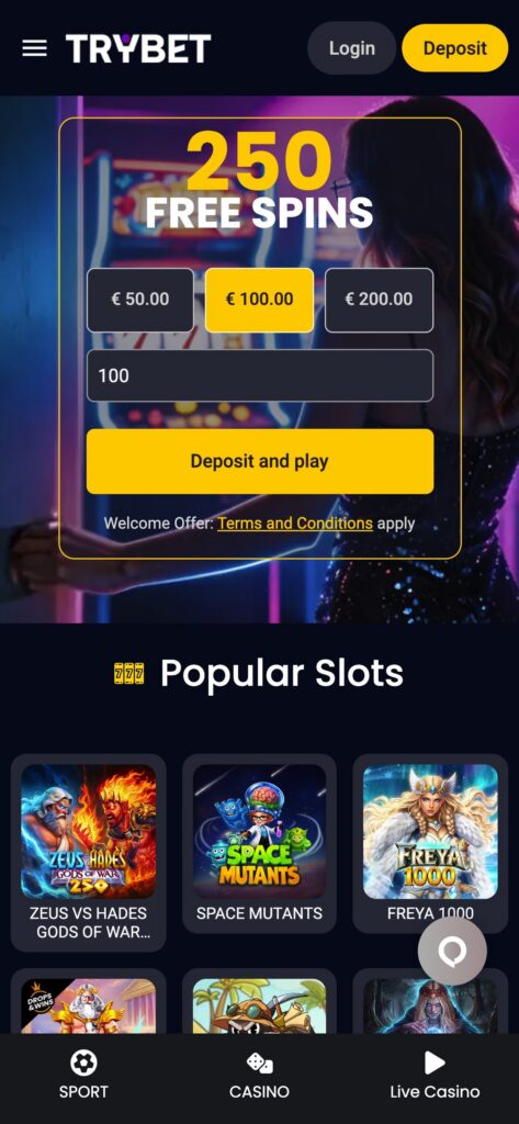 Trybet etusivu mobiilissa