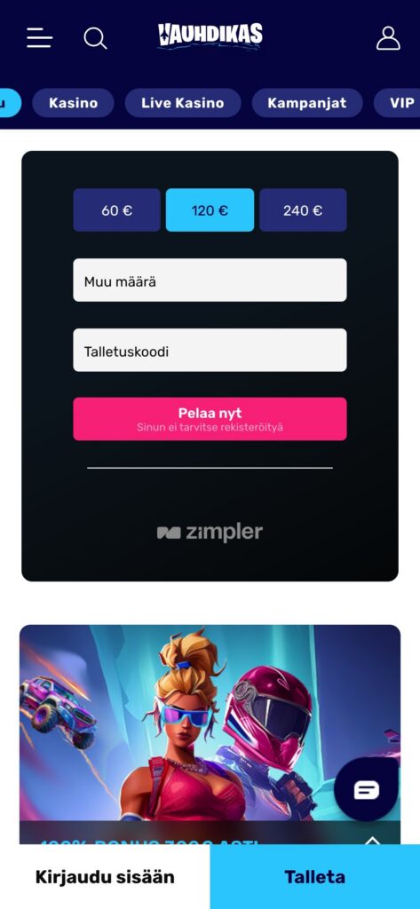 Vauhdikas etusivu mobiilissa
