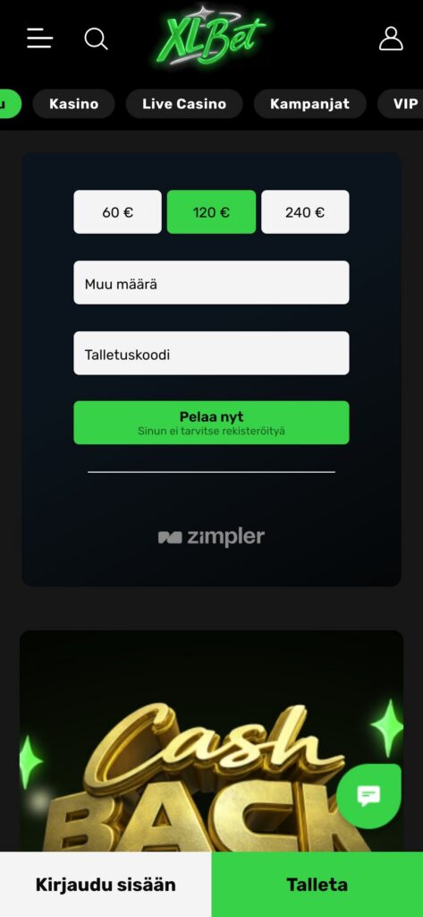 XLBet etusivu mobiilissa