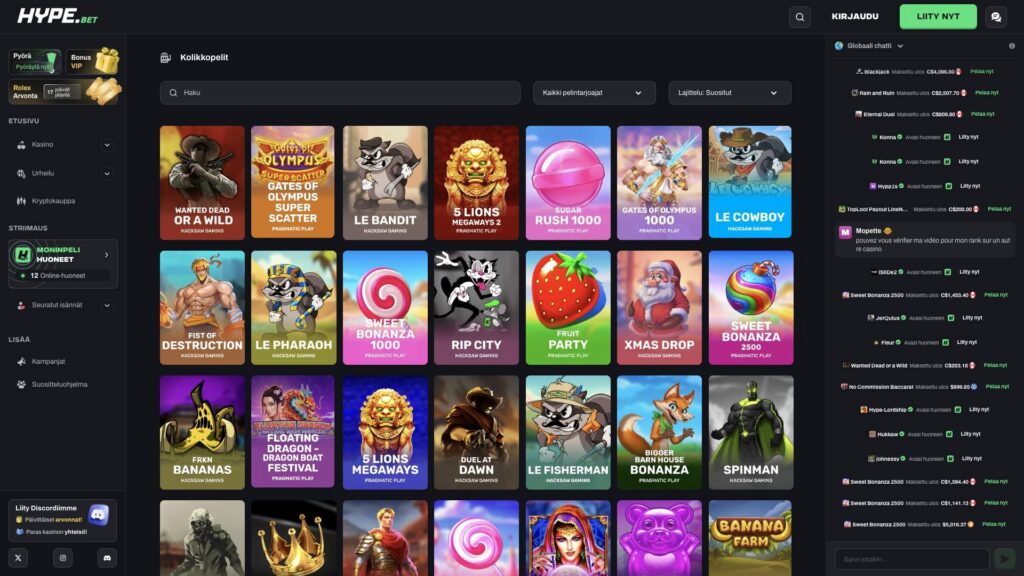 Hype.bet casino lobby and slots (FI)