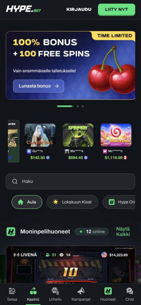 Hype.bet homepage on mobile (FI)