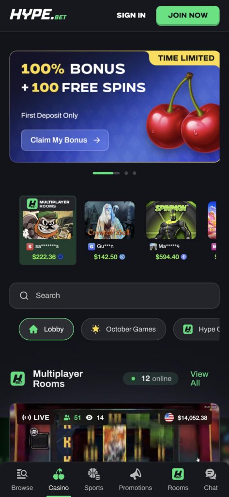 Screenshot of the mobile site at Hype.bet