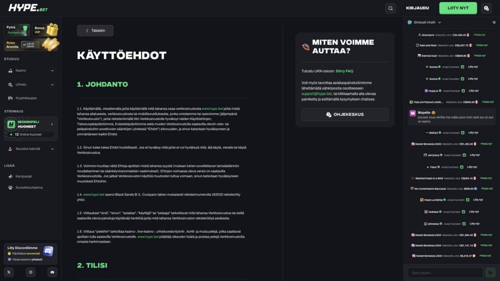 Hype.bet licence and terms (FI)