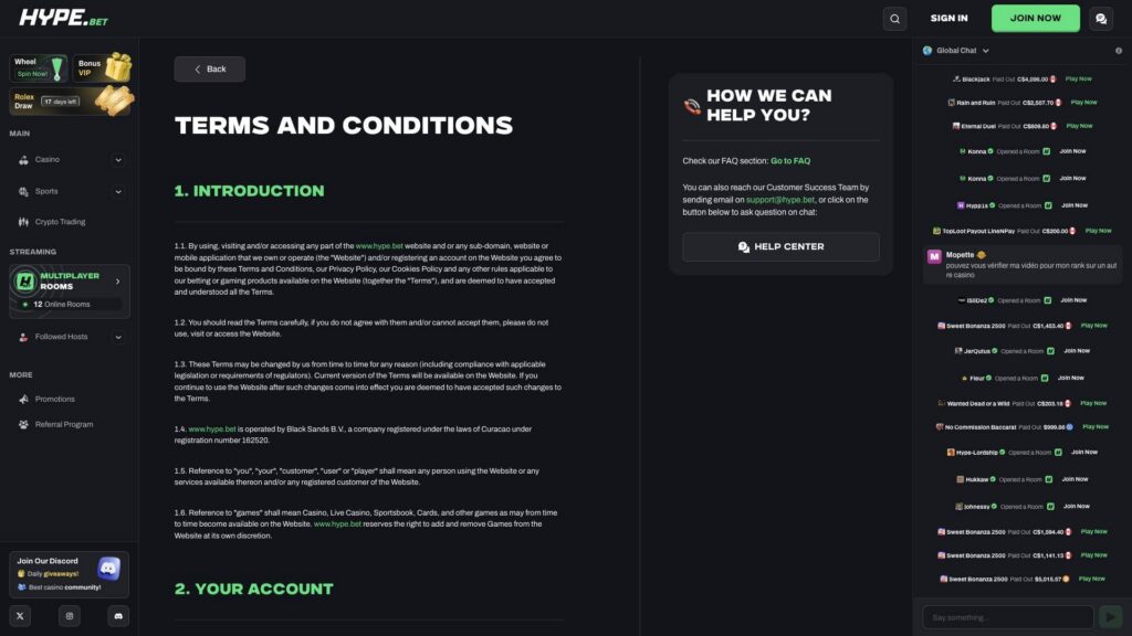 Screenshot of the licence details at Hype.bet