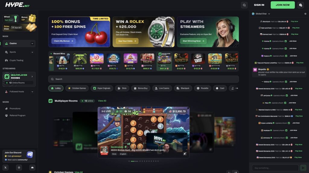 Screenshot of the lobby at Hype.bet